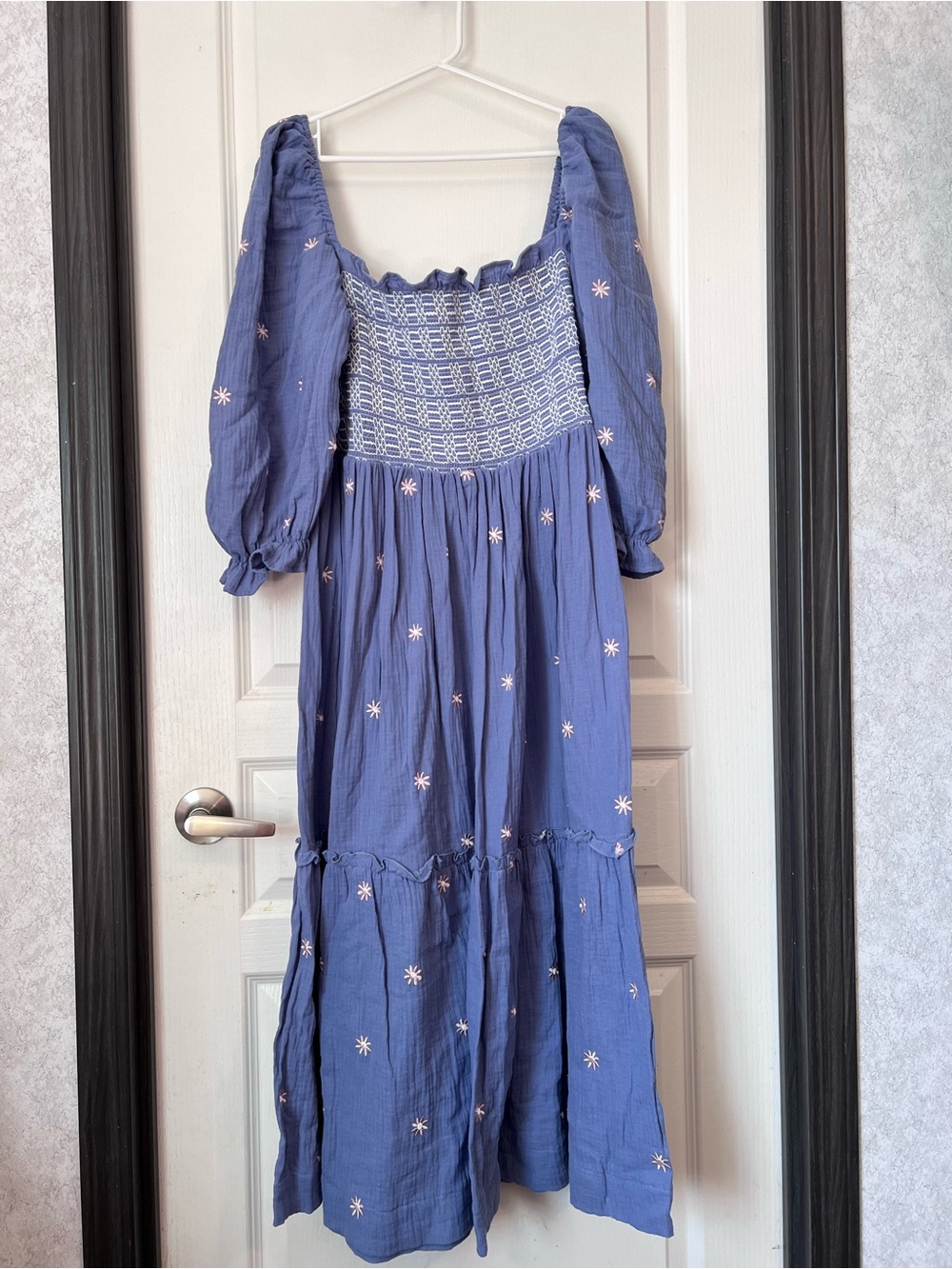 Amazon Blue Maxi Dress with White Floral Embroidery